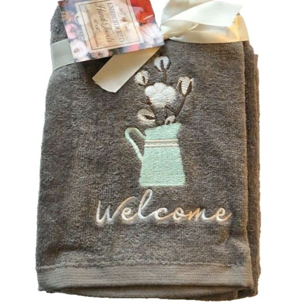 Welcome Spring Hand Towels Watering Can Embroidered Bathroom Gray Set of 2